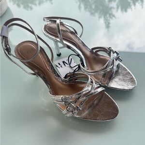 Zara Metallic Silver Strappy Ankle Heels